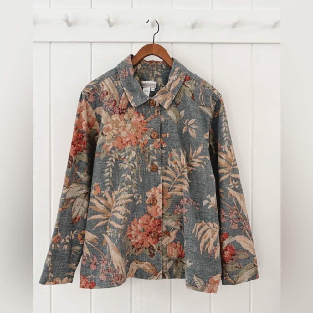 Coldwater Creek Canvas 100% Cotton Floral Jacket Muted Colorful Coastal 2X